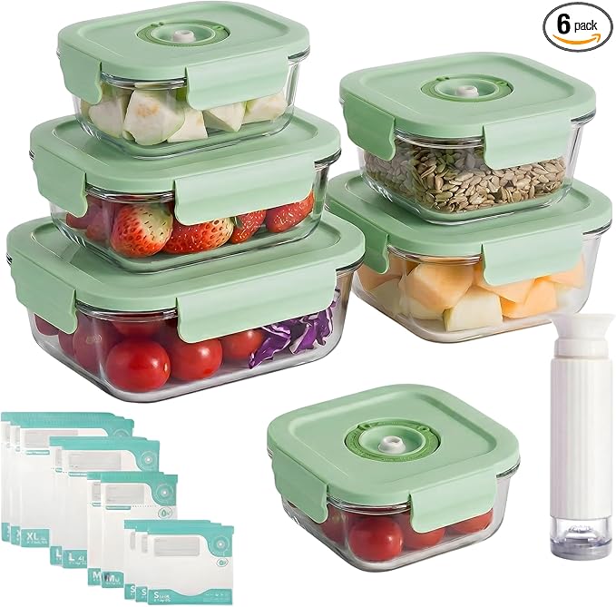 Glass Vacuum Sealable Container Set 6 Containers, 10 Bags, Hand Pump