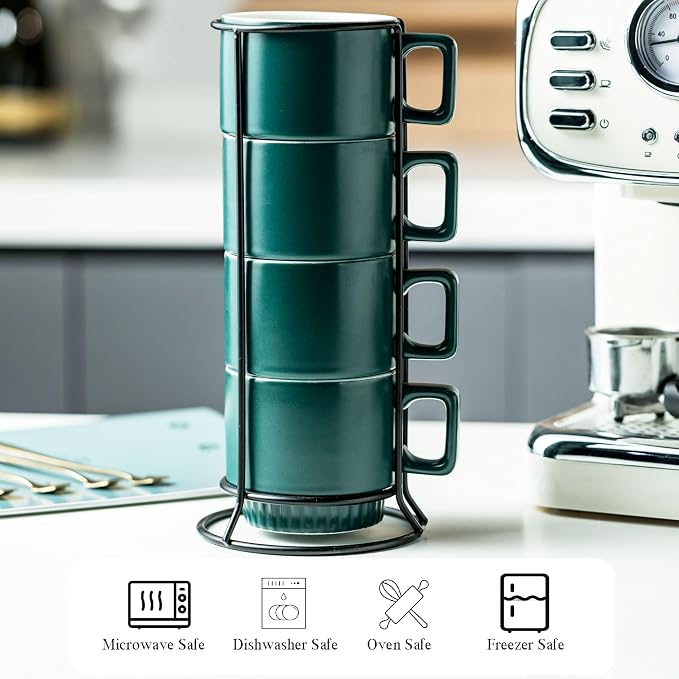 Miamolo Stackable Coffee Mugs Set of 4 with Holder Spoons 11oz Ceramic Cappuccino Cups for Espresso Latte Tea Drinks, Father's Day,Dishwasher & Microwave Safe, Green
