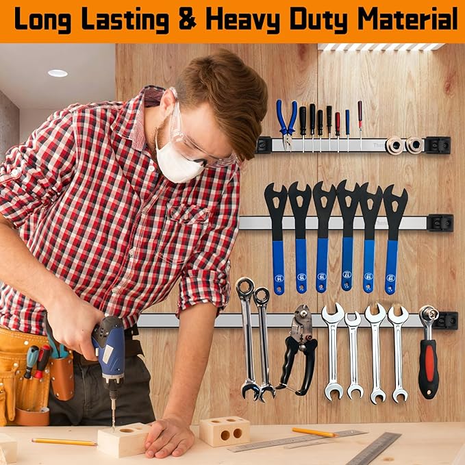 18" Magnetic Tool Holder Strip, 4 Pieces Silver Metal Tool Organizer Rack with Stainless Steel Surface, Magnet Bar for Garage Workshop, Easy To Install with Mounting Screws