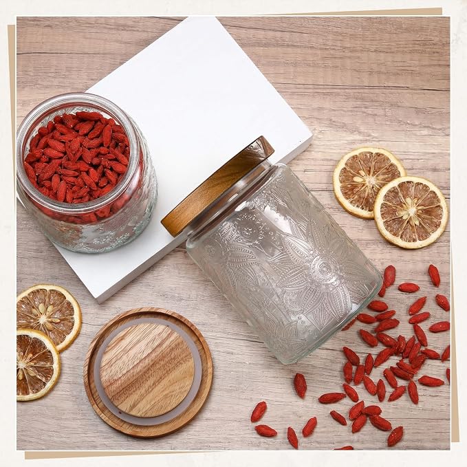 FillTouch 6 Pcs Vintage Glass Jar with Wooden Lid 17/24/34 oz Glass Airtight Food Storage Container with Lid Jar Begonia Sunflower Pattern for Kitchen Sugar Coffee Tea Beans Candy Cookie