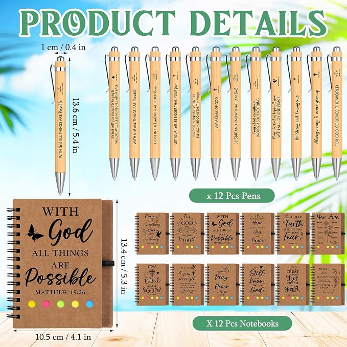 Skylety 12 Set Fathers Day Christian Gifts for Church Bulk 16 oz Inspirational Bible Verse Glass Cups Religious Tumblers with Lids Straw Journal Pens for Vacation Bible School Teacher