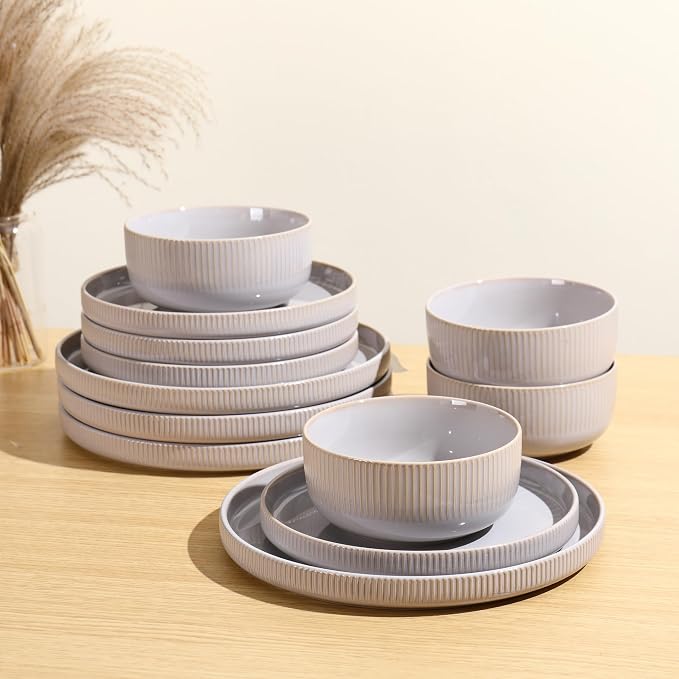 Frewinky Ceramic Dinnerware Sets for 4, Round Reactive Glaze Porcelain Plates and Bowls Sets, Scratch Resistant Modern Dishes Set, Dishwasher & Microwave Safe, Service for 4-Gray