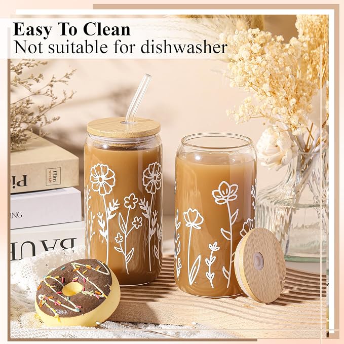 Mumufy 2 Pack Glass Cups Gift Aesthetic Cute Glass Cup Tumbler Flower Iced Coffee Mugs 16 oz with Bamboo Lid & Straw, for Wedding Birthday Bridesmaid Mom Baby Shower