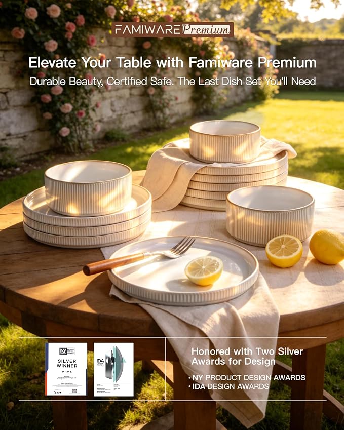 8-Piece Dinner/Salad Plates Set for 4, Cappuccino White | Chip & scratch resistant stoneware dinnerware. Microwave & dishwasher safe. Handcrafted reactive glaze. For daily & serving.