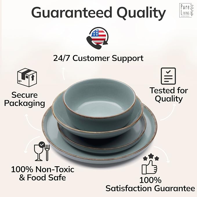 16 Piece Stoneware Dinnerware Set for 4 - Handmade Reactive Glaze Plates and Bowls Set - Chip & Scratch Resistant Dish Set - Dishwasher Microwave Safe - Rustic Smoke Blue