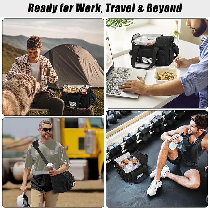ETRONIK Tactical Lunch Box for Men, 15L Insulated Lunch Bag with Hot/Cold Compartments, Men's Lunch Box Fits 3 Meals + Snacks, Adult Lunch 8H Cooler Bags for Work, Hiking, Beach, Gym, Black