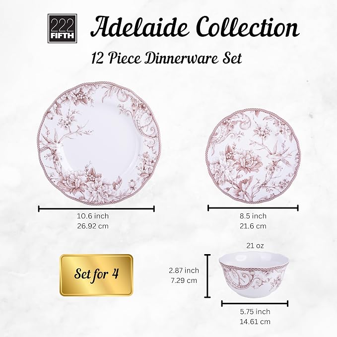 222 Fifth Adelaide Brown on White 12-Piece Dinnerware Set – Service for 4, Big Dinner Plates and Bowls Sets,Durable Porcelain, Microwave and Dishwasher Safe, for Everyday Dining & Entertainment