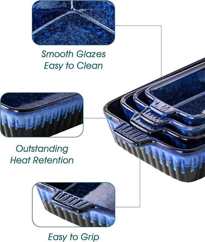 vancasso Ceramic Casserole Dishes for Oven, Reactive Glaze Bakeware Set of 4, Deep Rectangular Baking Dishes with Handles, Lasagna Pan Set, Microwave & Dishwasher Safe, Blue (9.4"/11.1"/12.2"/14.7")