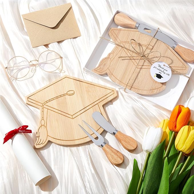 Ziliny 12 Sets Graduation Party Favors Graduation Cap Cheese Board Set with Knives Forks Gift Box for 2026 Class School Party