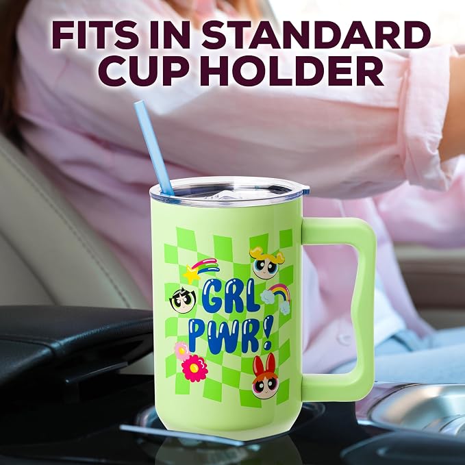 Silver Buffalo The Powerpuff Girls Girl Power Groovy Retro Featuring Blossom, Bubbles, and Buttercup Double Walled Stainless Steel Tumbler with Handle and Straw, Fits in Standard Cup Holder, 40 Ounces