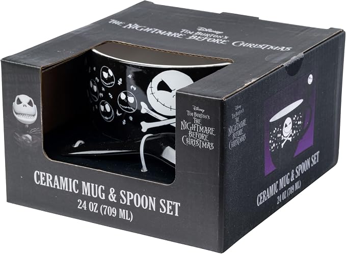 Silver Buffalo Disney Tim Burton's Nightmare Before Christmas Jack Skellington Skulls Ceramic Soup Mug with Spoon Set, 24 Ounces