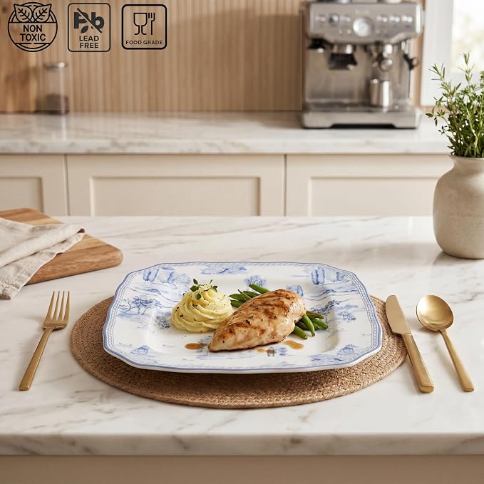 222 Fifth 12-Piece Porcelain Dinnerware Set for 4, Glossy White Plates and Bowls Set with Blue Decal, Elegant Square Ceramic Dish Set, Kitchen Tableware, Microwave & Dishwasher Safe, Scenic Toile