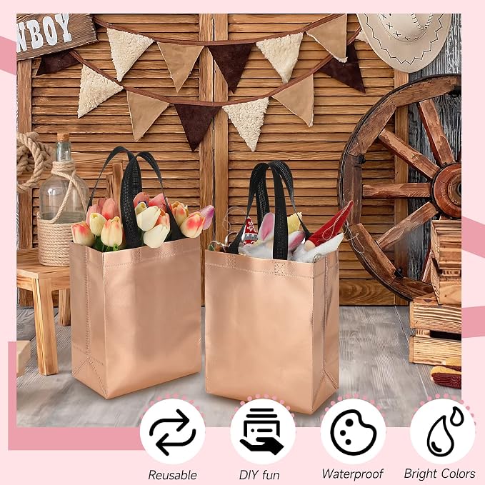 Eccliy Reusable Gift Bags Set Glossy Grocery Gift Tote Bag with Handle for Wedding, Bridal Shower, 4th of July, Summer Event(10 x 8 x 4.7 Inch,Champagne,80 Pcs)