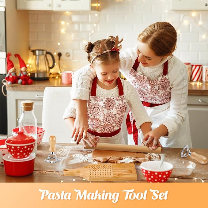 Tioncy 7 Pcs Pasta Making Tool Set Wood Gnocchi Board with Ravioli Stamp Ravioli Maker and Rolling Pin Homemade Gnocco Maker Kitchen Gift for Home Baking Lovers(Design Gnocchi Board Set)