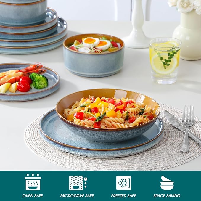 ONION Ceramic Plates and Bowls Sets for 6, 24 Pieces Stoneware Dinnerware Sets for Kitchen, Reactive Glaze Dish Set, Dishwasher and Microwave Safe, Light Blue
