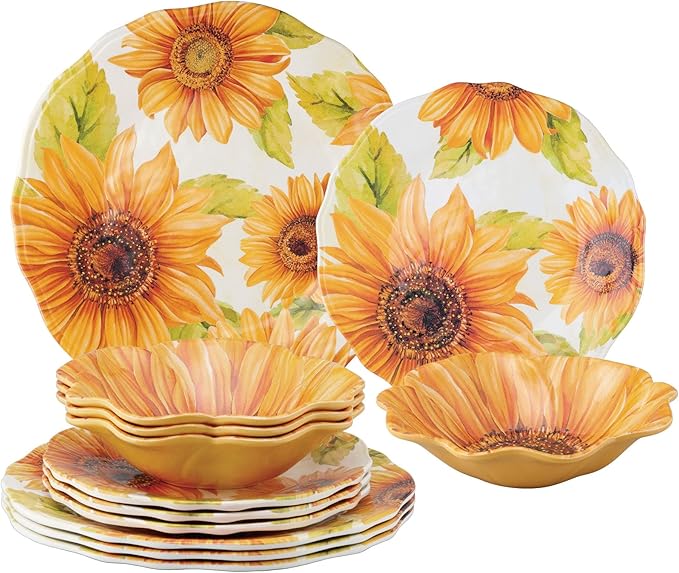 UPware 12 Piece Sunflower Melamine Dinnerware Sets, Outdoor Dishes Set, Plates and Bowls Sets, Service for 4, Yellow