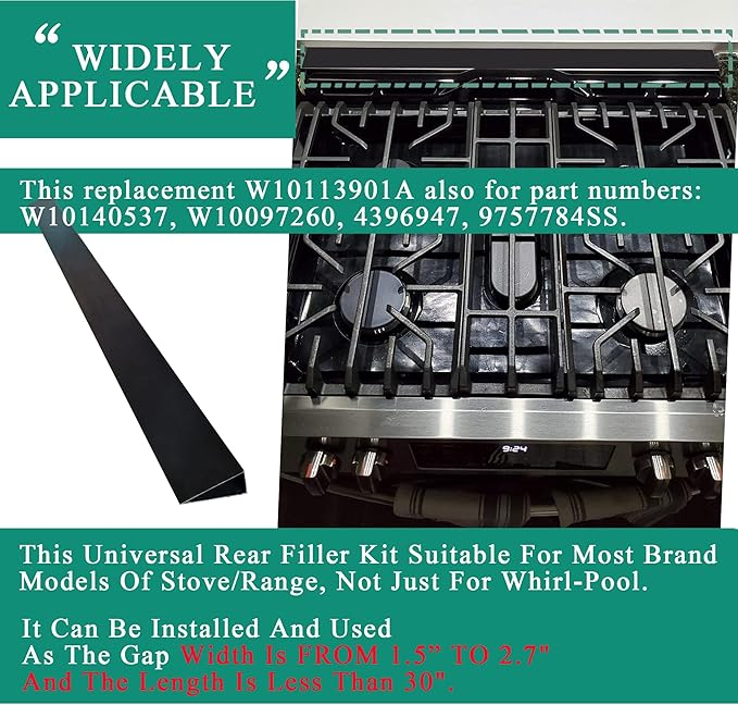 30" Slide In Range or Stove Rear Filler Trim Kit, Universal Fill Strip for Gap Between Slide-In Stove Range and Wall, W10113901A Compatible with Whirlpool and Most Brand, Durable Aluminum, Black