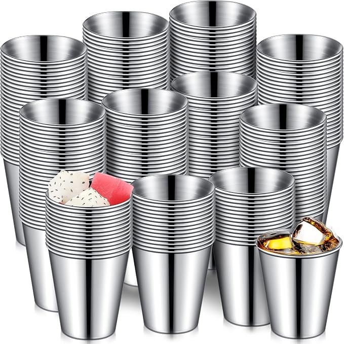 Lallisa 2 oz Stainless Steel Shot Glasses Metal Cups Small Unbreakable Shot Glass for Espresso Whiskey Bar Home Restaurant Camping Barware Gift (Silver,100 Pcs)