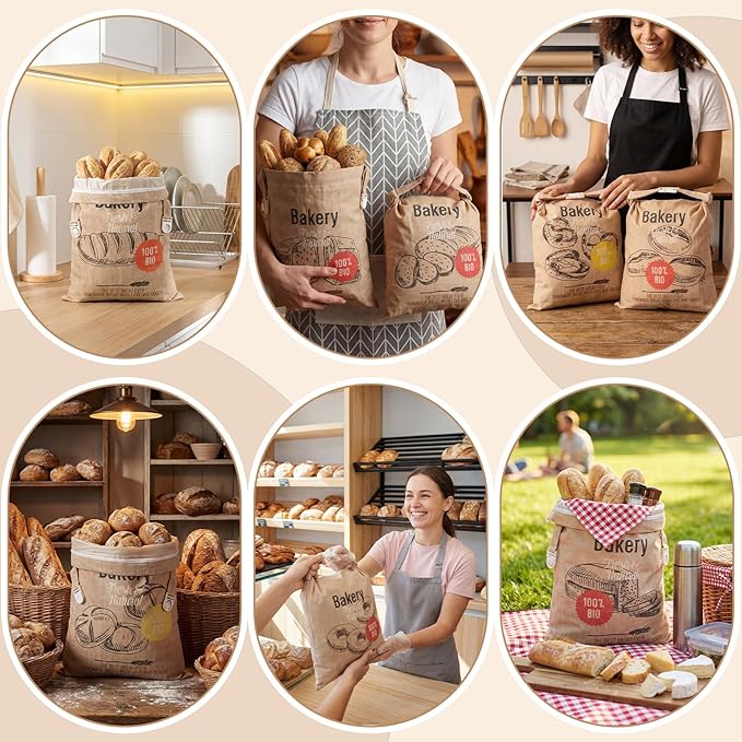 Tigeen 8 Pack Beeswax Bread Bags for Sourdough & Homemade Bread 17 x 13'' XL Reusable Organic Linen Beeswax Wraps with Sealing Zip for Fresh Food Storage Loaf Fresh Freezer Baker Gift, Bakery Style