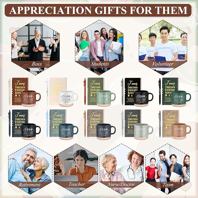 Didaey 10 Sets Team Appreciation Gifts Set 13oz Inspirational Ceramic Coffee Mugs A6 Leather Notebooks Ballpoint Pens Bulk Thank You Gifts for Team Members, Employees, Staff, Nurses