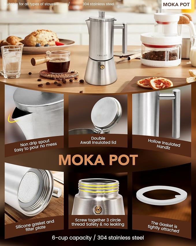 Moka Pot Stainless Steel 6Cup/10oz Stovetop Espresso Maker | Brushed，Cuban and Italian Coffee Maker, Cafetera Cubana, Greca De Cafe, Induction Stovetop Compatible