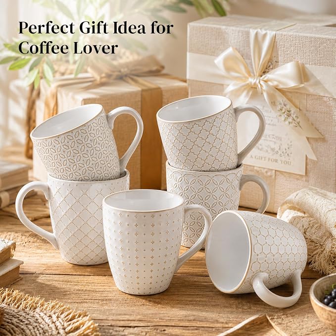 DOWAN Coffee Mugs Set of 6, 19 oz Large Mug, Ceramic Embossment Stoneware Tea Cups with Handle for Men Women, Handcrafted Mug Gift Set, Housewarming Wedding Gift
