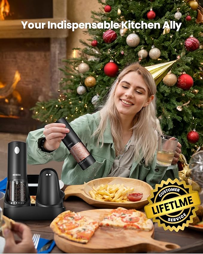 Electric Salt and Pepper Grinder Set with Rechargeable Base - Automatic Refillable Electric Salt and Pepper Shakers with Large Capacity, LED Light & Adjustable Coarseness, Black
