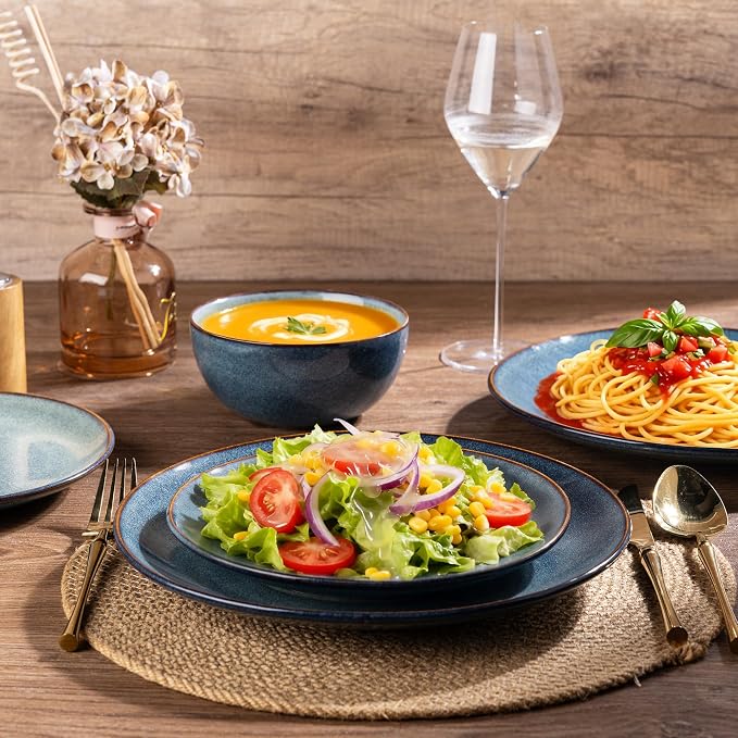 GBHOME 24 Pieces Double Bowls Dinnerware Sets for 6, Stoneware Plates and Bowls Set with Reactive Glaze, Scratch Resistant Stoneware Dishes Set, Dishwasher & Microwave Safe