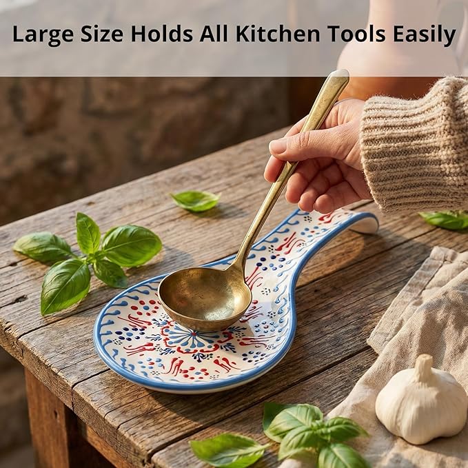 BCS Ceramic Spoon Rest, Large 9” Hand Painted Spoon Holder for Stove Top & Kitchen Counter, Dishwasher Safe & Heat Resistant Utensil Holder, Floral Kitchen Decor, Handmade Pottery