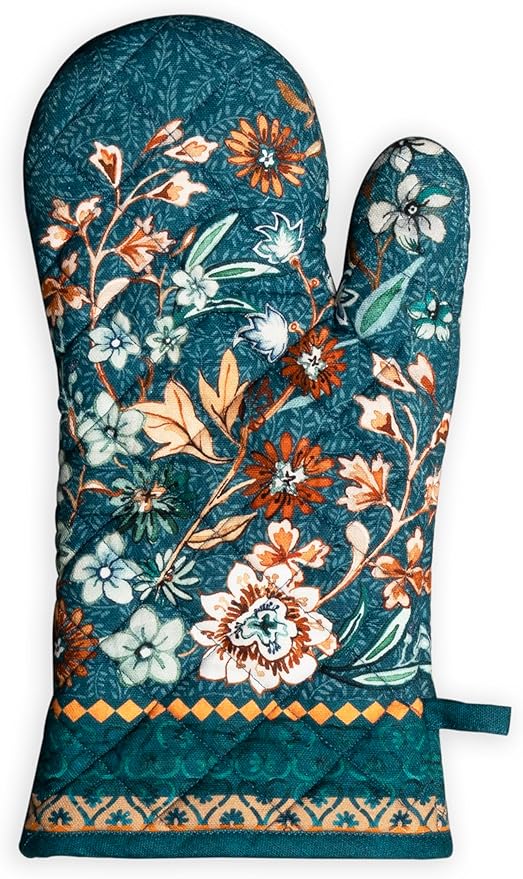 Maison d' Hermine Oven Gloves 100% Cotton Oven Mitt 7" x 13" with Loop Heat Resistant BBQ Cooking Gloves for Thanksgiving Christmas Decorations Handling Hot Pans (Pack of 1, Luxury Loft - Dark Teal)