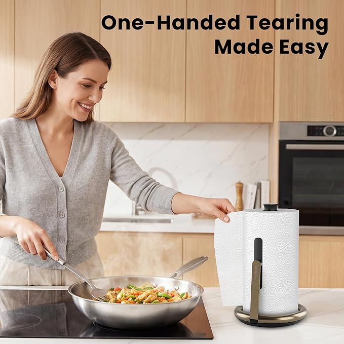 Ultrean Paper Towel Holder Countertop, Freestanding Paper Towel Dispenser with Spring-Loaded Arm for One-Handed Tear, Weighted Non-Slip Base, Stainless Steel for Kitchen, Gold
