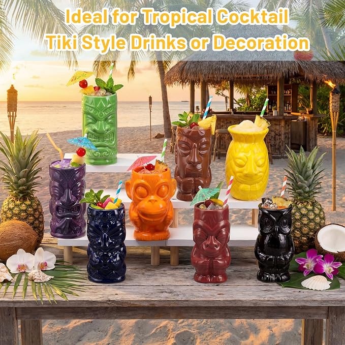 Yungyan 8 Pcs Ceramic Tiki Mugs for Cocktails Tiki Cups for Party Hawaiian Cups Tropical Drinkware for Luau Exotic Party Barware Home Bar Decoration (Mixed Styles)