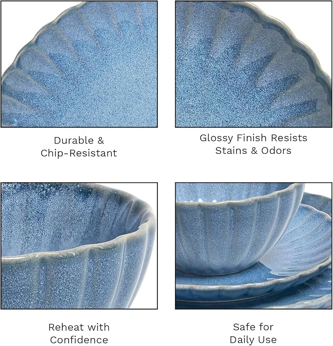 12 Pieces Stoneware Dinnerware Set, Microwave and Dishwasher Safe, for 4 | Scallop Frill Design, Chip Resistant, Ceramic, Includes Plates and Bowls