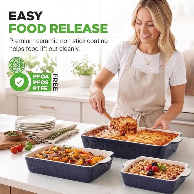 NutriChef 3-Piece Ceramic Casserole Dishes for Oven - Heavy Duty Rectangular Lasagna Baking Pans w/ Premium Nonstick Coating & Handles - PFOS, PTFE, PFOA Free - Microwave & Oven Safe, Royal Blue