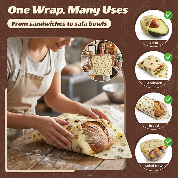 Beeswax Bread Bags for Sourdough and Homemade Bread - 2 Pack XL Cotton Storage Bags with Zipper & Buckle Double Seal - Includes 13x13.9" Beeswax Wrap for Bowl Cover - Reusable Produce Veggie Bag