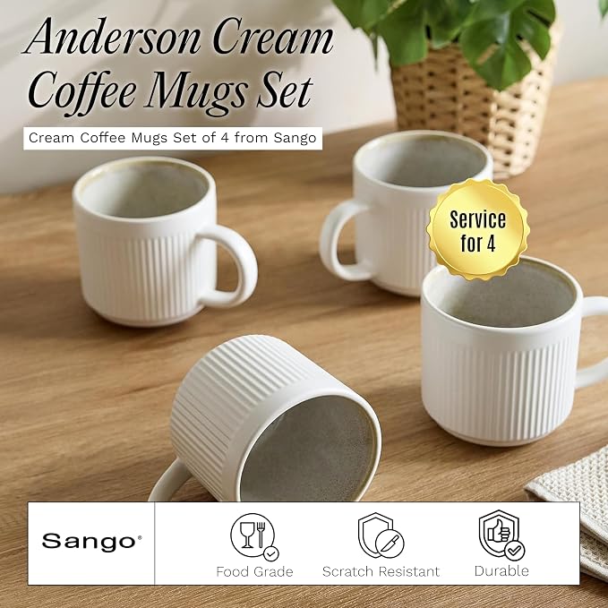 SANGO Anderson Cream Coffee Mugs Set of 4, 16.5 oz Stoneware Coffee Mug Set, Big Ceramic Tea Cup with Reactive Glaze for Cappuccino, Latte, Large Coffee Cups with Handle, Microwave & Dishwasher Safe