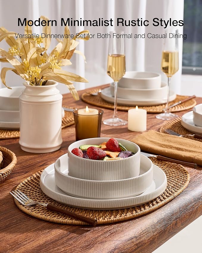 Famiware Star Dinnerware Set with Pasta Bowls, Service for 4 (16pcs), Ribbed Stoneware Plates and Double Bowls Dishes Sets - Chip & Scratch Resistant, Microwave & Dishwasher Safe, Matte White