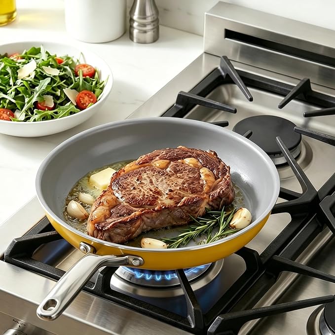 7-Piece Yellow Ceramic Nonstick Cookware Set, Pots and Pans | 4 pots, 3 clear lids; stay-cool grips; 100% PFAS-free; 480°F oven & dishwasher safe; heavy daily family cooking routines