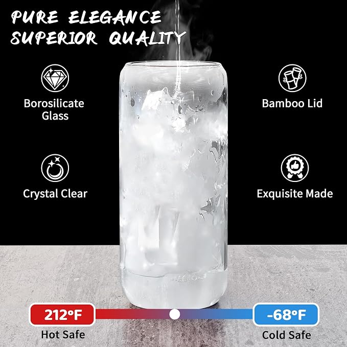 12 Pcs Glass Cups with Bamboo Lids and Straws - 20oz Glass Tumbler, Iced Coffee Cup, Can Shaped Drinking Glasses for Coffee, Tea, Smoothie, Juice, Cocktail Include 2 Cleaning Brushes