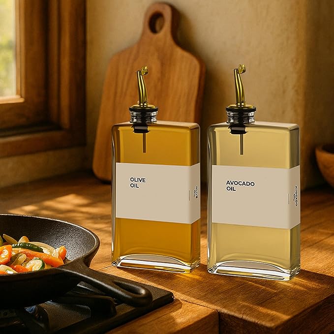 Spaceneat Olive Oil Dispenser Bottle - Includes 44 Kitchen Essential Labels - Cooking Oil Bottles for Kitchen, Coffee Syrup Dispenser - Pourer Spout with 11.8 fl oz Glass Container Cruet - 4pcs, Gold