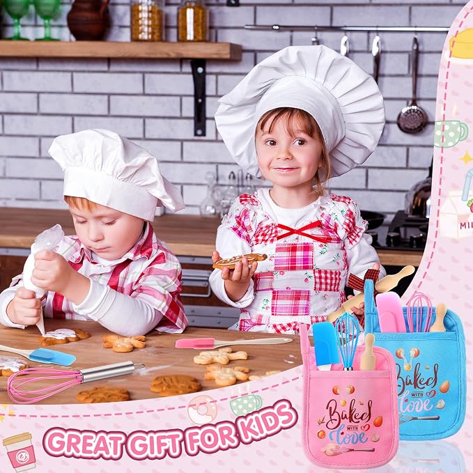 RoundFunny 48 Pcs Kids Mini Baking Supplies with Kitchen Utensil, Pot Holders, Spatula, Rolling Pin, Whisk for Kids Classroom School Exchange Party Favors (Small)