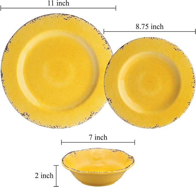 UPware 12 Piece Crackle Melamine Dinnerware Sets, Outdoor Dishes Set, Plates and Bowls Sets, Service for 4, Yellow