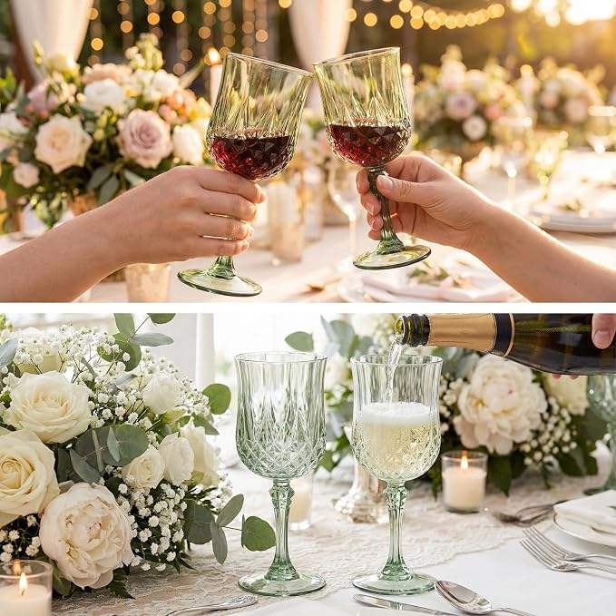 Sliner 48 Pcs 7oz Plastic Vintage Wine Glasses Drinking Goblets Unbreakable Crystal Water Glassware Reusable Diamond Champagne Flutes Cups for Wedding Banquet Birthday Party Supplies (Green)