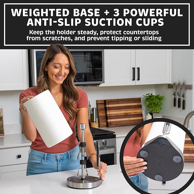 Heavy-Duty Stainless Steel Paper Towel Holder - Easy One-Handed Tear with Suction Cups - Modern Weighted Standing Countertop Dispenser for Kitchen - Holds All Paper Towel Rolls, Silver