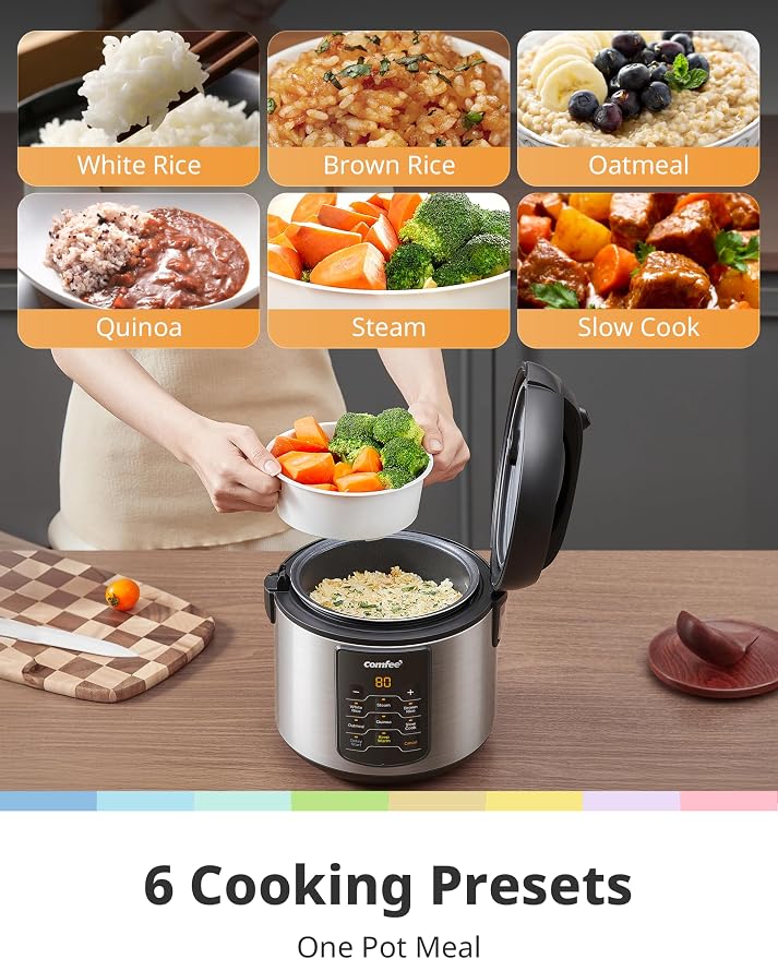 COMFEE' Rice Cooker Upgraded, 6-in-1 Stainless Steel Multi Cooker, Slow Cooker, Steamer, Saute, and Warmer, 2 QT, 8 Cups Cooked(4 Cups Uncooked), Brown Rice, Quinoa and Oatmeal, 6 One-Touch Programs
