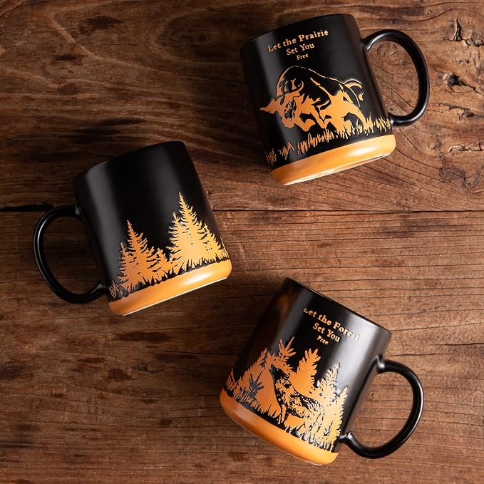 AmorArc 18oz Large Coffee Mugs Set of 6, Ceramic Coffee Mugs with Animal Wildlife Textured Patterns for Tea Latte Cocoa. Easy to Hold&Clean, Dishwasher&Microwave Safe, Matt Black