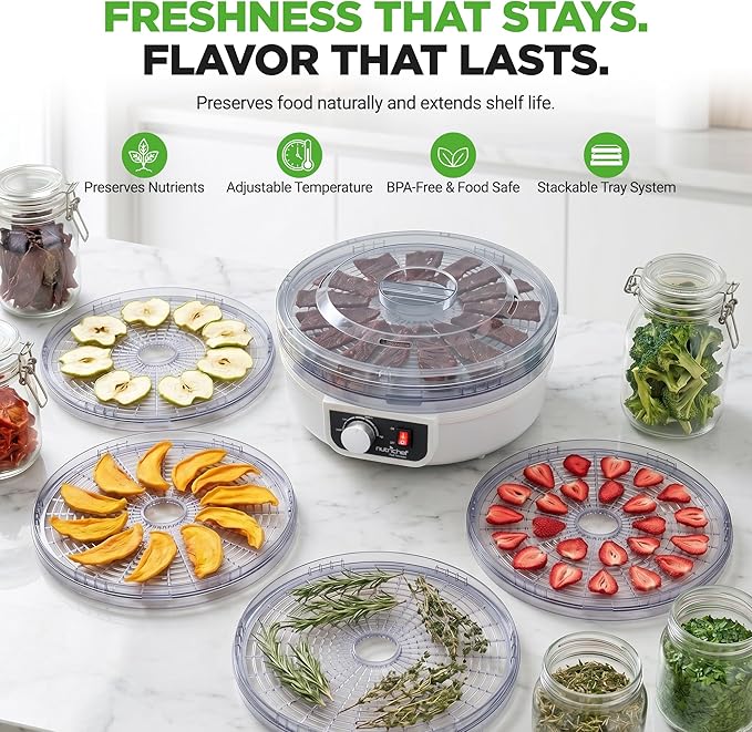 NutriChef Food Dehydrator Machine | Dehydrate Beef Jerky, Meats, Mushrooms, Fruits & Vegetables | Great For At Home Use | Uses High-Heat Circulation for Even Dehydration | 5 Easy to Clean Trays.