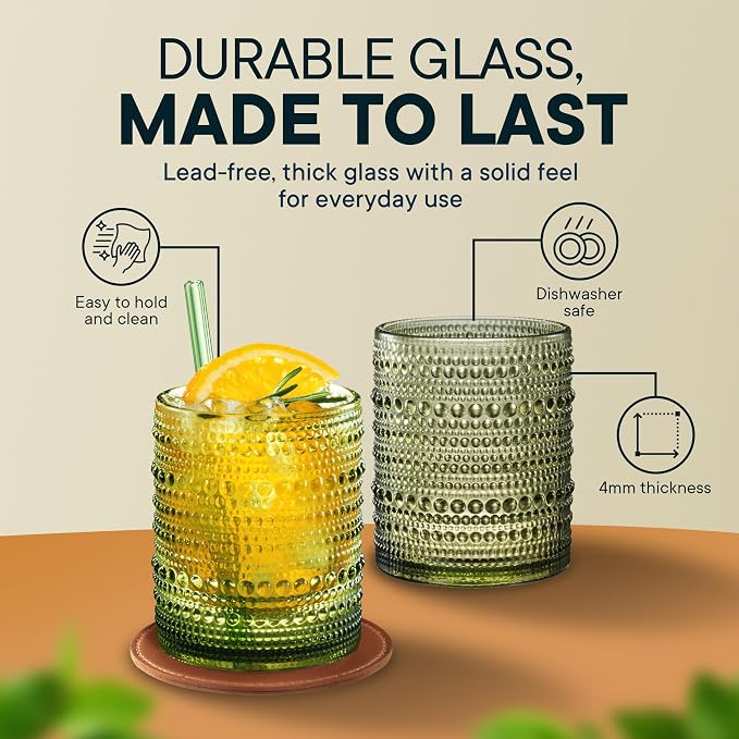 12 OZ Hobnail Drinking Set of 12 – Vintage Embossed Glassware, Textured Tumblers for Water, Beer, Cocktails, Mocktails, Whiskey & More – Includes Straws and Coasters – Green