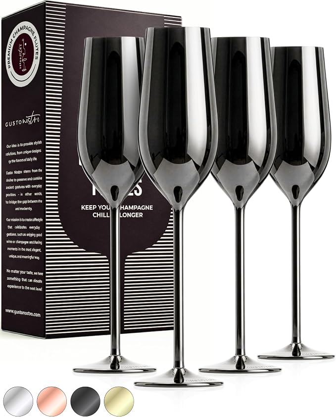 Gusto Nostro Stainless Steel Black Champagne Flutes Set of 4 - Unique, Unbreakable, Colorful Metal Champagne Glasses - Modern Toasting Flutes - Luxury Wedding Gifts for Couple - Wedding Registry Idea