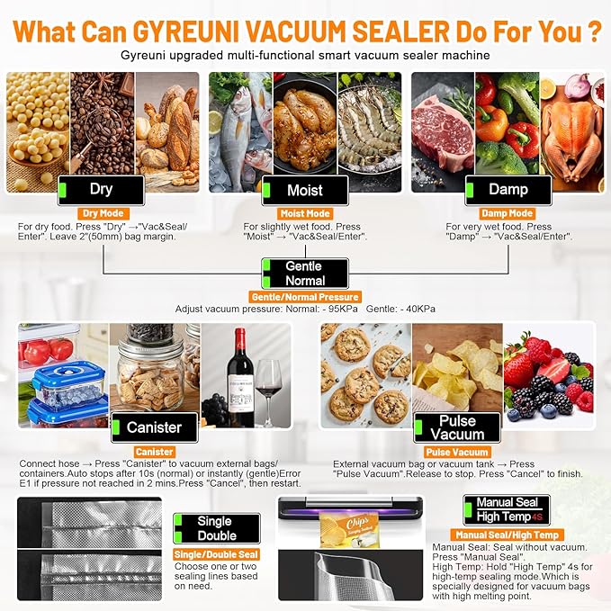 Gyreuni 95Kpa Vacuum Sealer Machine for Food with Bags, 12-in-1 Food Saver Vacuum Sealer with Double Heat Seal, Built-in Cutter,Accessory Hose, Bag Storage,10 Bags, 1 Bag Roll & Marker Pen,App Control
